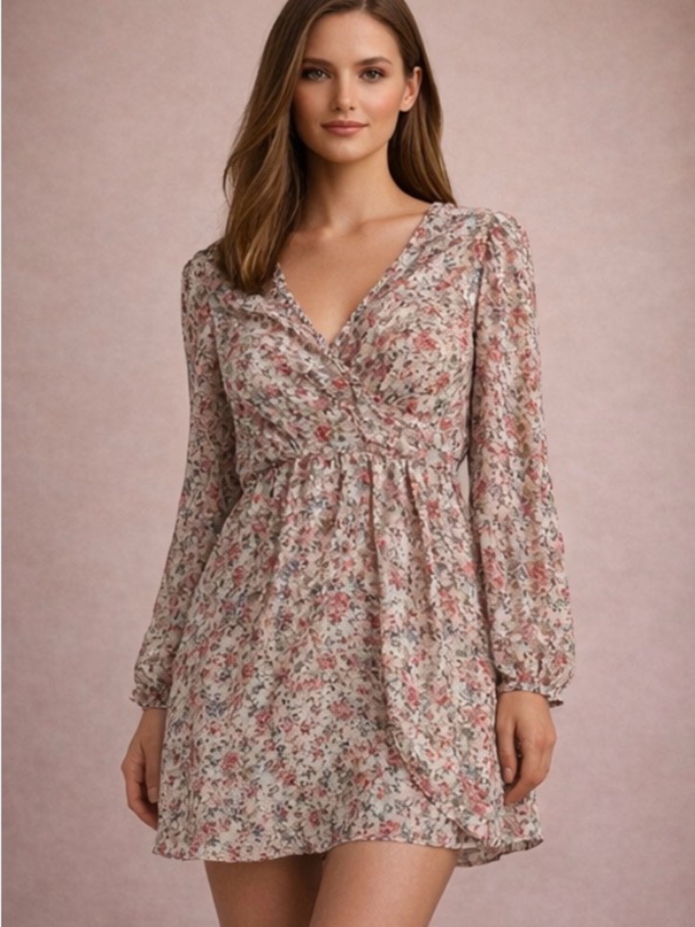 Miami Floral Long Sleeve Dress Boho Flowy Mini Spring Romantic Feminine S
